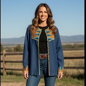 BOB MACKIE wearable art denim Shacket M southwestern heavy embroidered rodeo